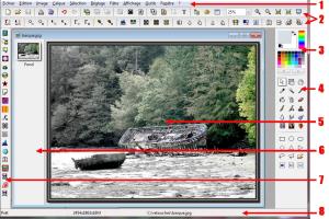 1-barre de menus 2-barre d’outils 3-palette de couleurs 4-palette d'outils 5-espace de travail 6-barre des calques 7-barre des modules 8-barre d'état