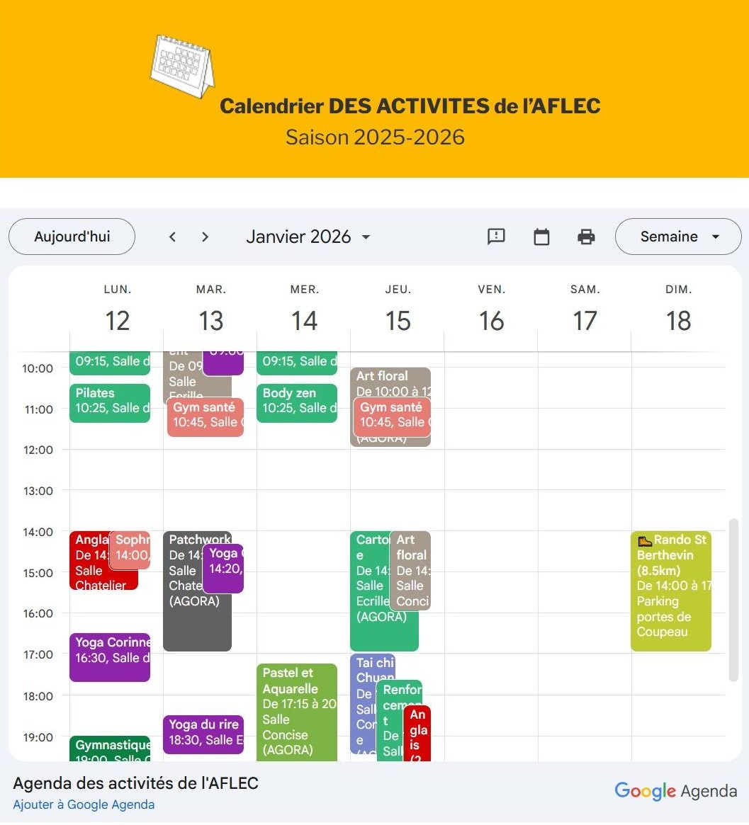 Calendrier des activités de l'Aflec par semaine.