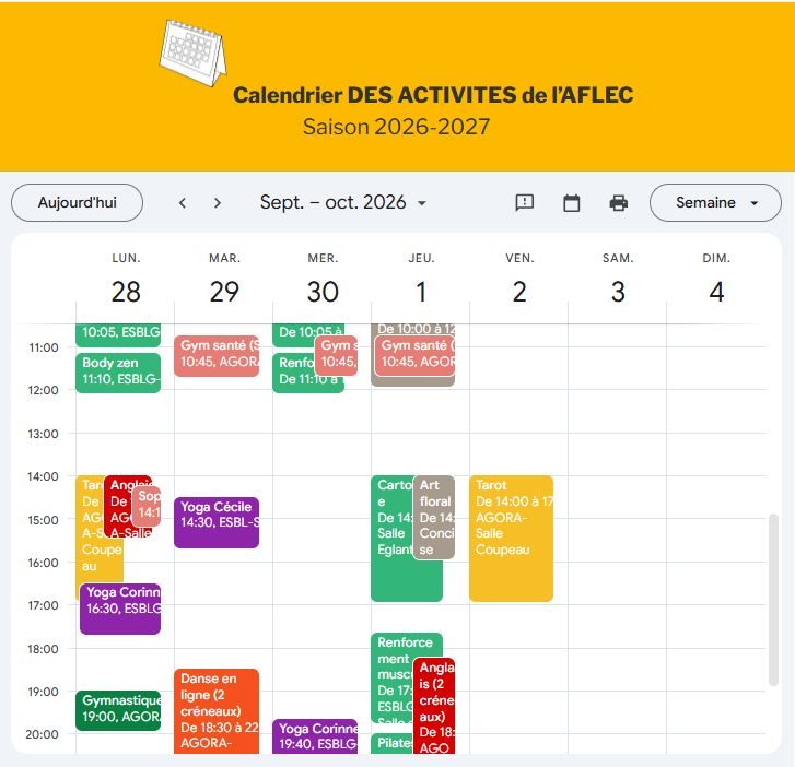 Calendrier des activités AFLEC 2026-2027