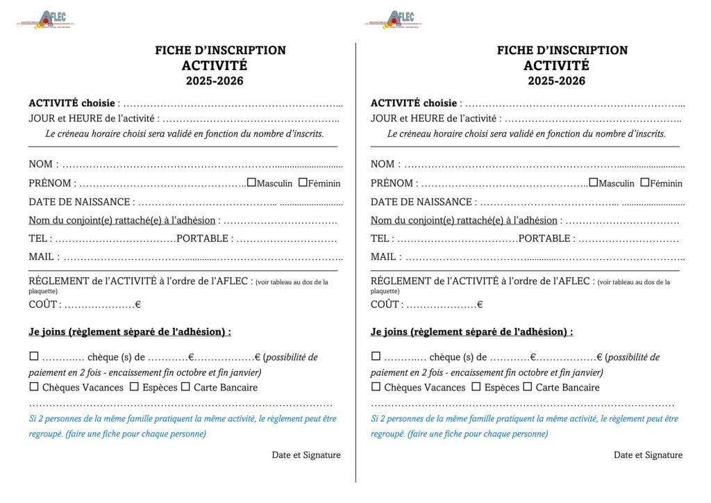 Deux Fiches d'inscription